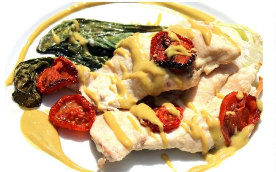 Baked chicken breasts with pak choi